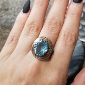 925 Vintage Aquamarine Aztec Style Ring Size 8